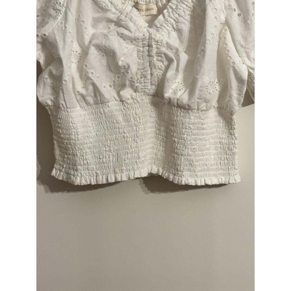 Jennifer & Grace Blouse Sz L White Eyelet Cropped Puff Sleeve Top Coquette - Picture 2 of 8